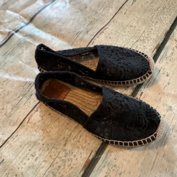 Tory Burch 6 black floral lace espadrilles sneakers slip on braided neutral - Picture 3 of 8